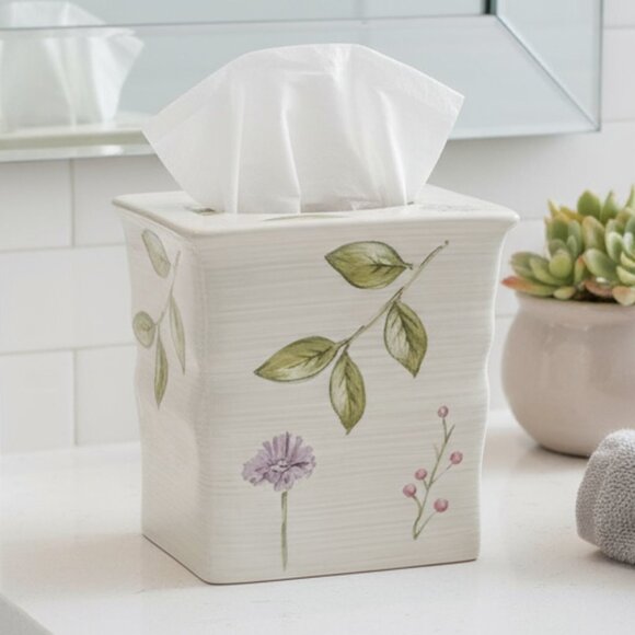 Vtg 90s Ceramic Tissue Box Cover LEAVES Home Decor Taupe Green Powder Room Bath - Picture 1 of 12
